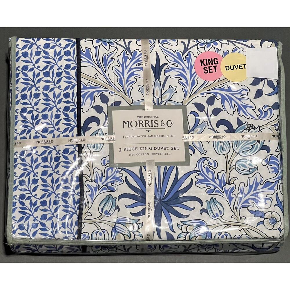 William MORRIS & CO. KING Duvet Cover Set Blue White Reversible COTTON - Picture 2 of 16